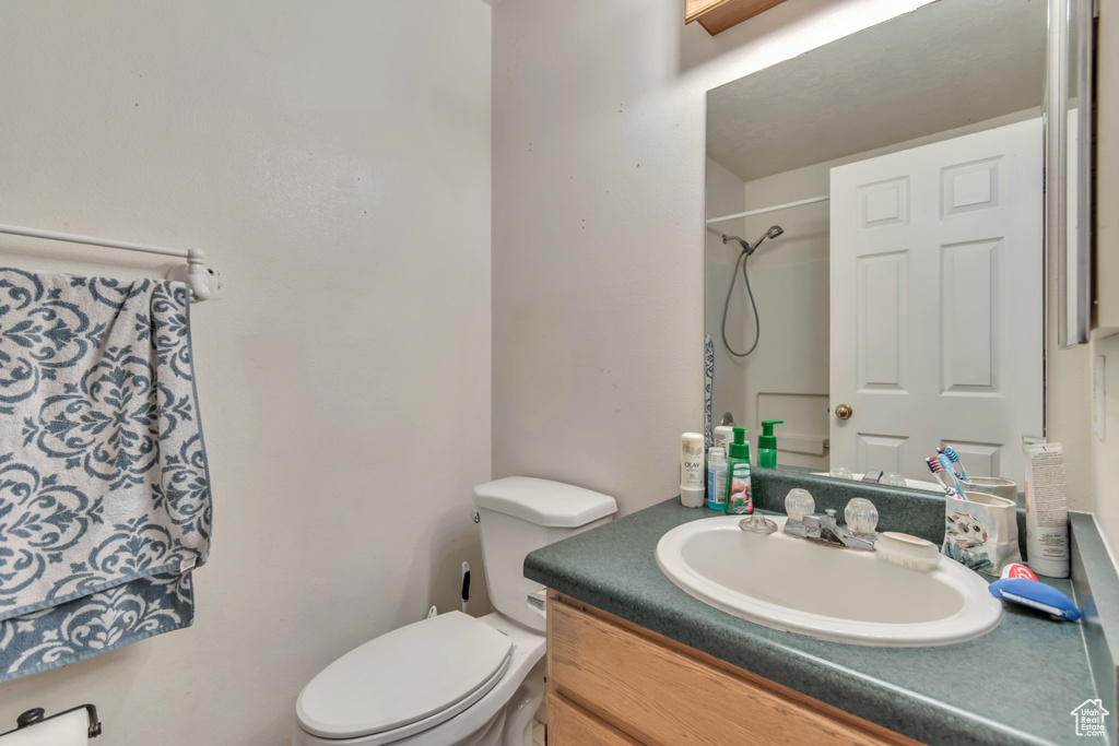 Bathroom featuring toilet, vanity, and a shower