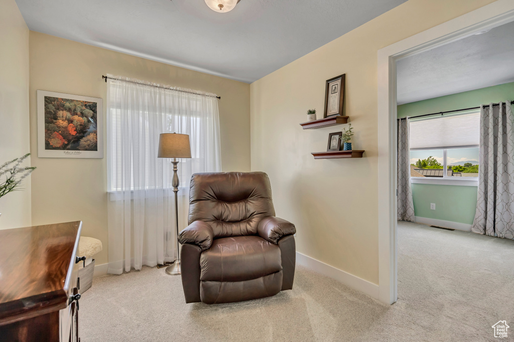 Sitting room featuring carpet flooring and baseboards
