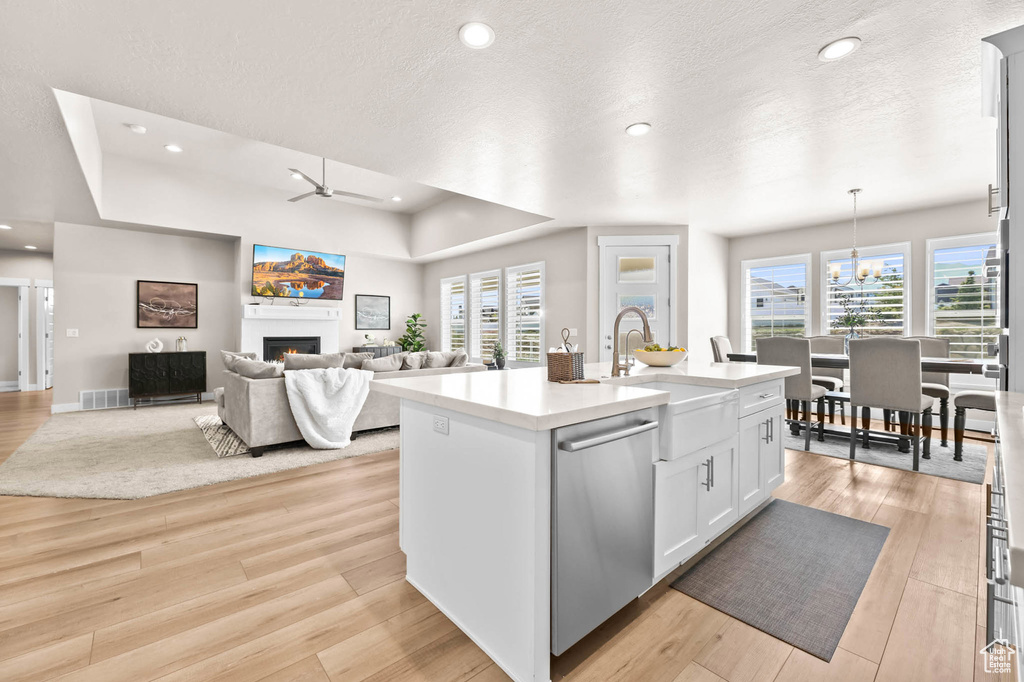 Kitchen with stainless steel dishwasher, a sink, a ceiling fan, a lit fireplace, and light wood-style floors