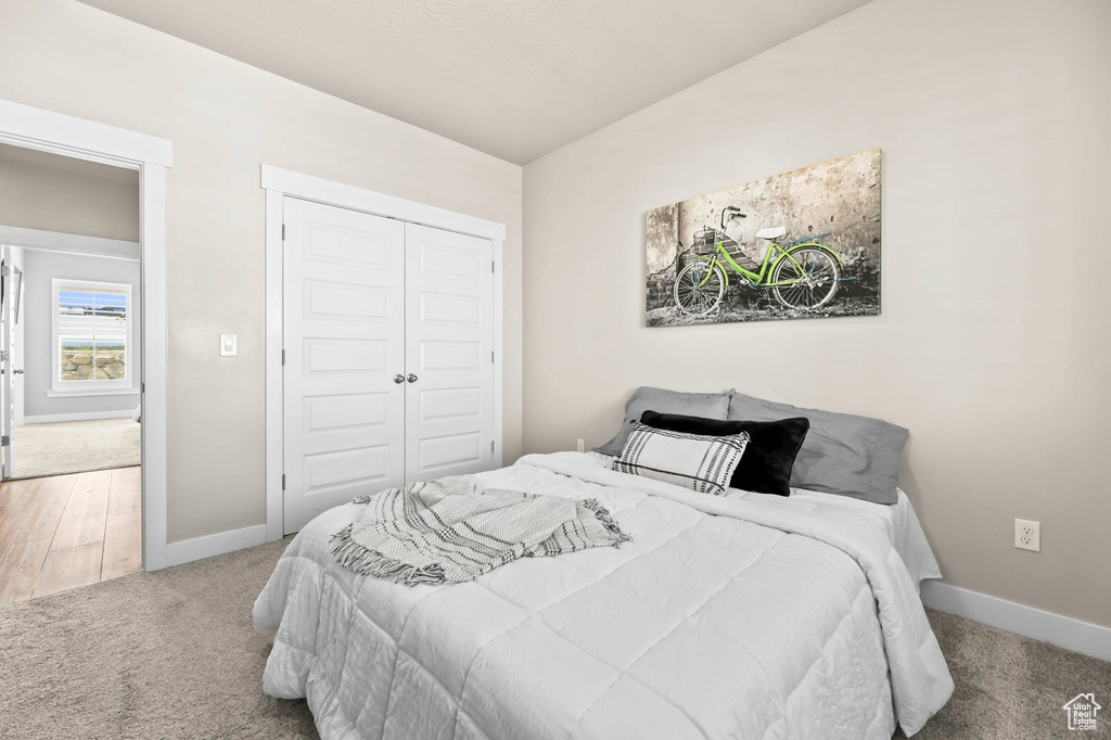 Carpeted bedroom with baseboards and a closet