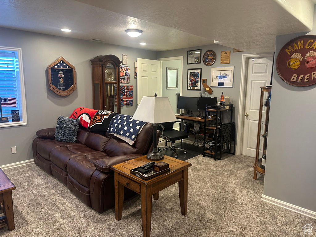 Living room featuring carpet flooring and baseboards