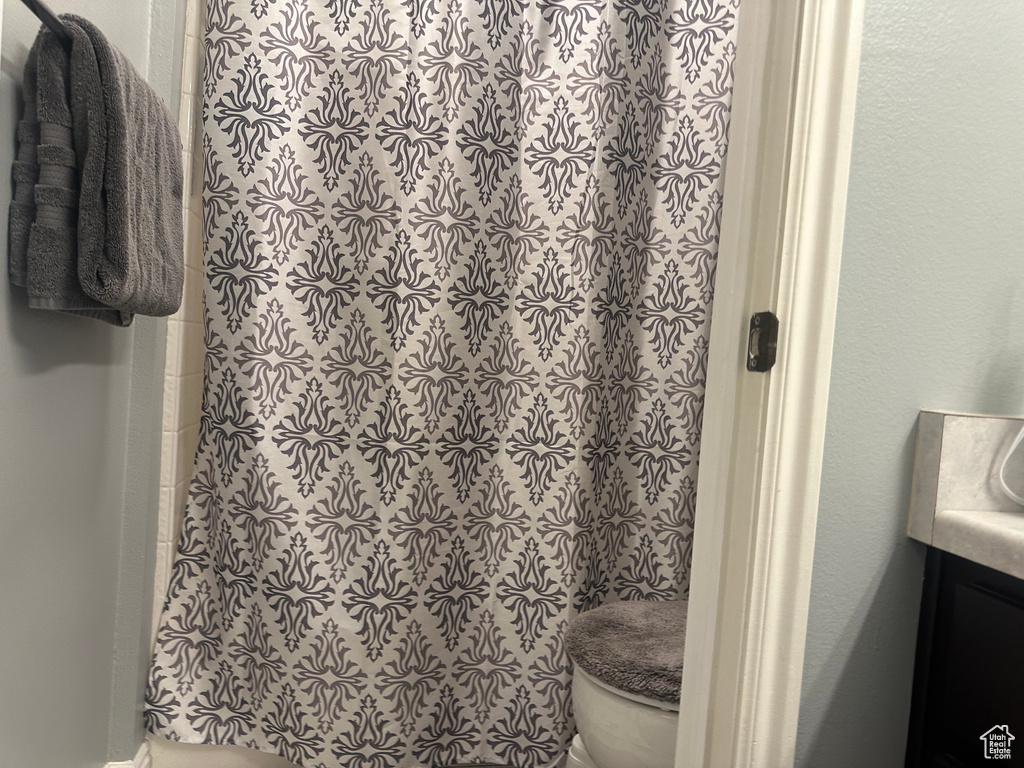 Bathroom with toilet, vanity, and a shower with curtain