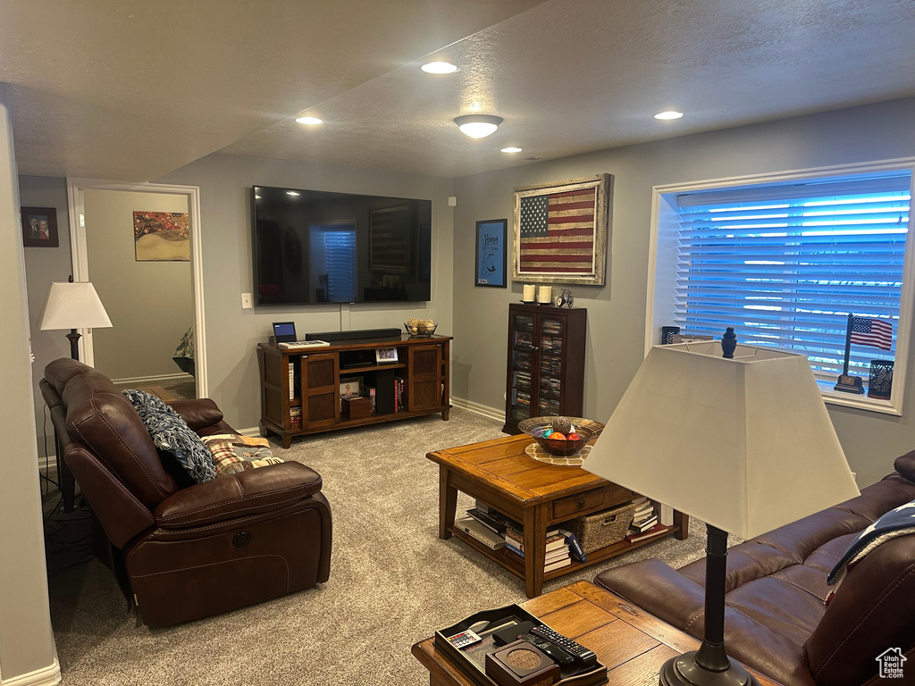 Living area featuring carpet floors, baseboards, and recessed lighting