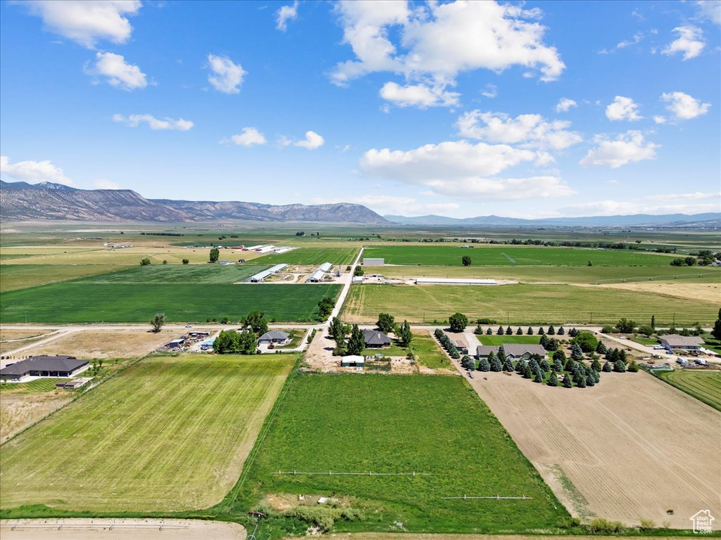 Aerial view of sparsely populated area with rows of crops and a mountain backdrop