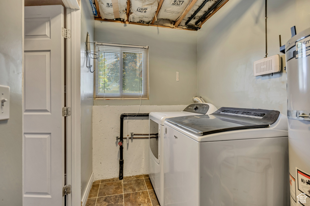 Laundry room with washer and dryer and water heater