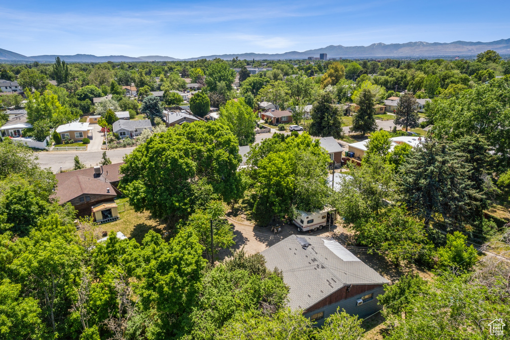 Aerial view of residential area with mountains
