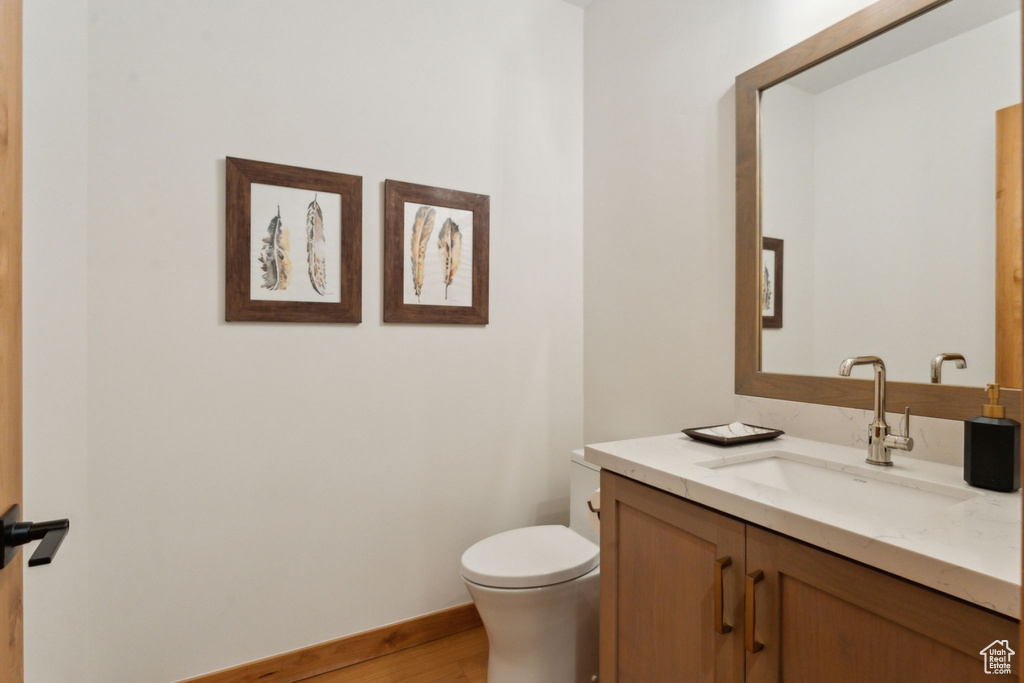 Bathroom featuring vanity, toilet, and wood finished floors