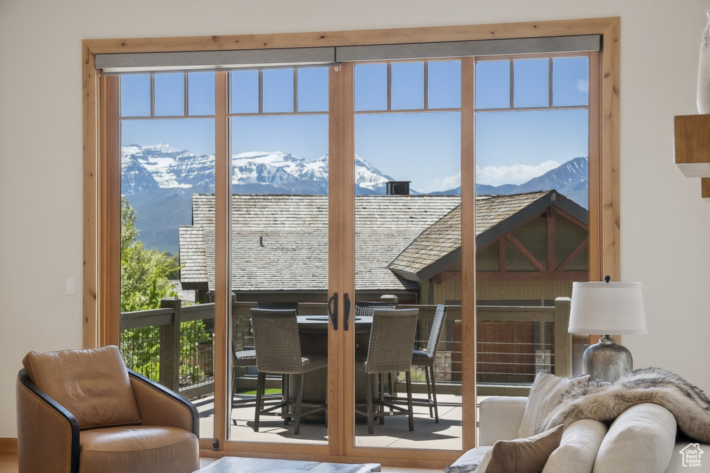 Interior space with a mountain view