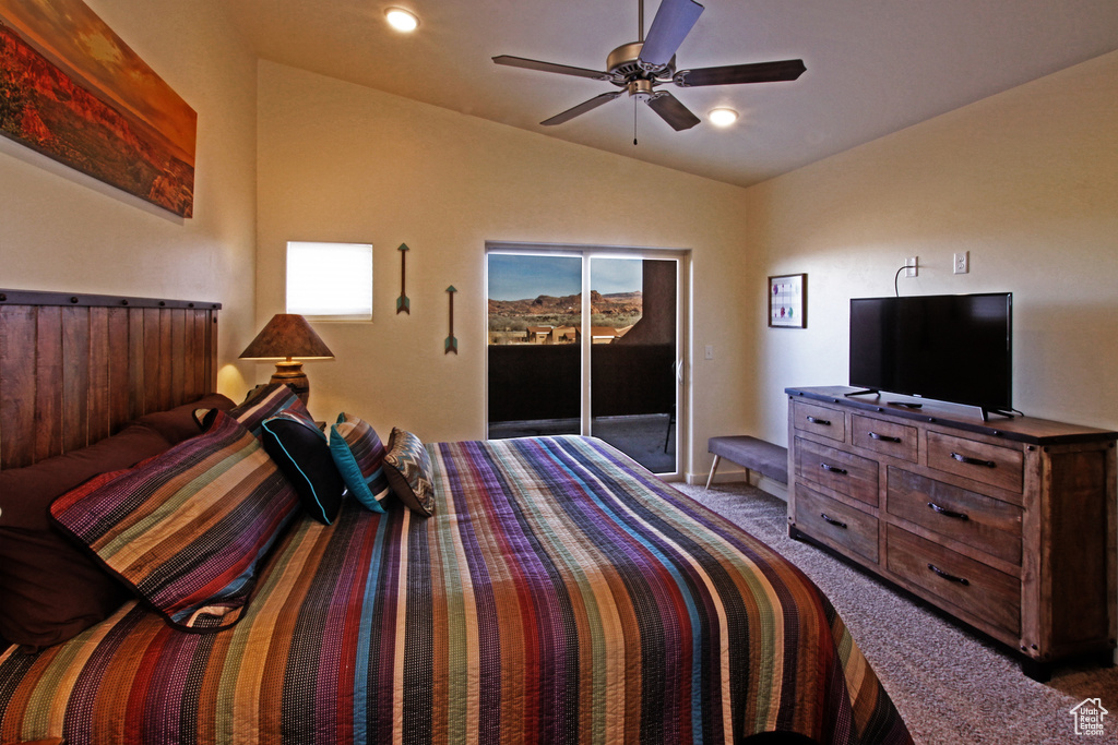 Carpeted bedroom with access to outside, lofted ceiling, ceiling fan, and recessed lighting