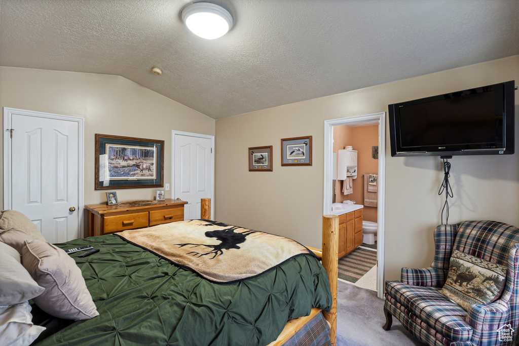 Bedroom featuring light carpet, lofted ceiling, ensuite bathroom, and a textured ceiling