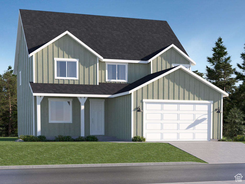 View of front of house featuring a front lawn, an attached garage, driveway, and roof with shingles