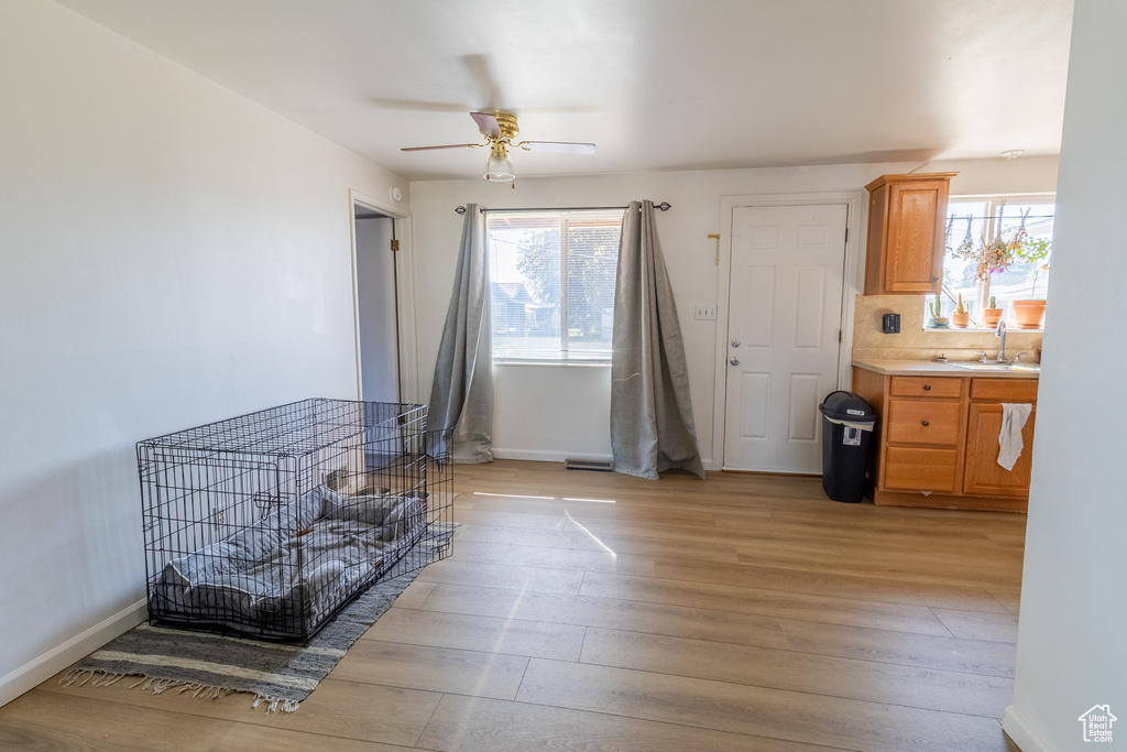 Sitting room featuring a ceiling fan, light wood-style flooring, plenty of natural light, and baseboards