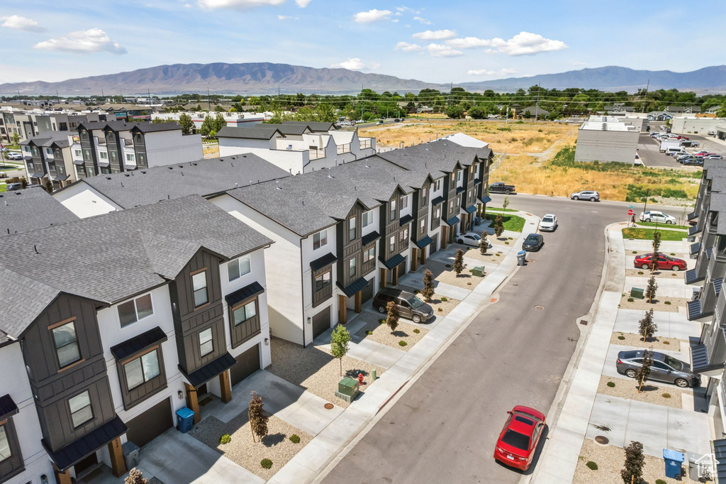 Aerial view of residential area with mountains