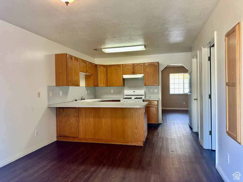 Kitchen with stove, under cabinet range hood, a peninsula, dark wood-type flooring, and light countertops