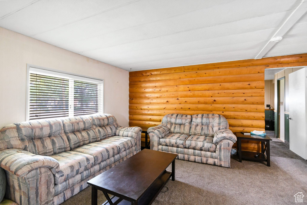 Living room with rustic walls and carpet