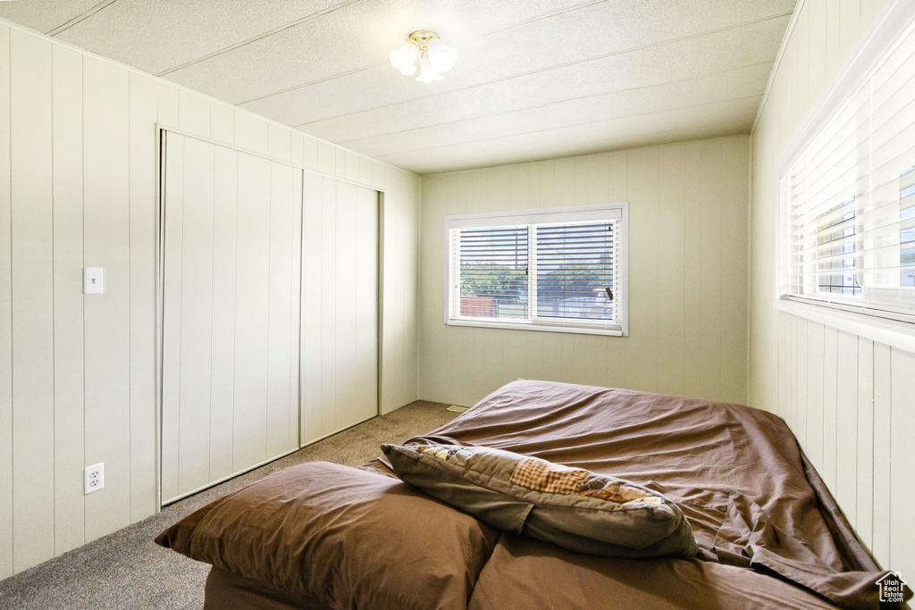 Carpeted bedroom featuring a closet