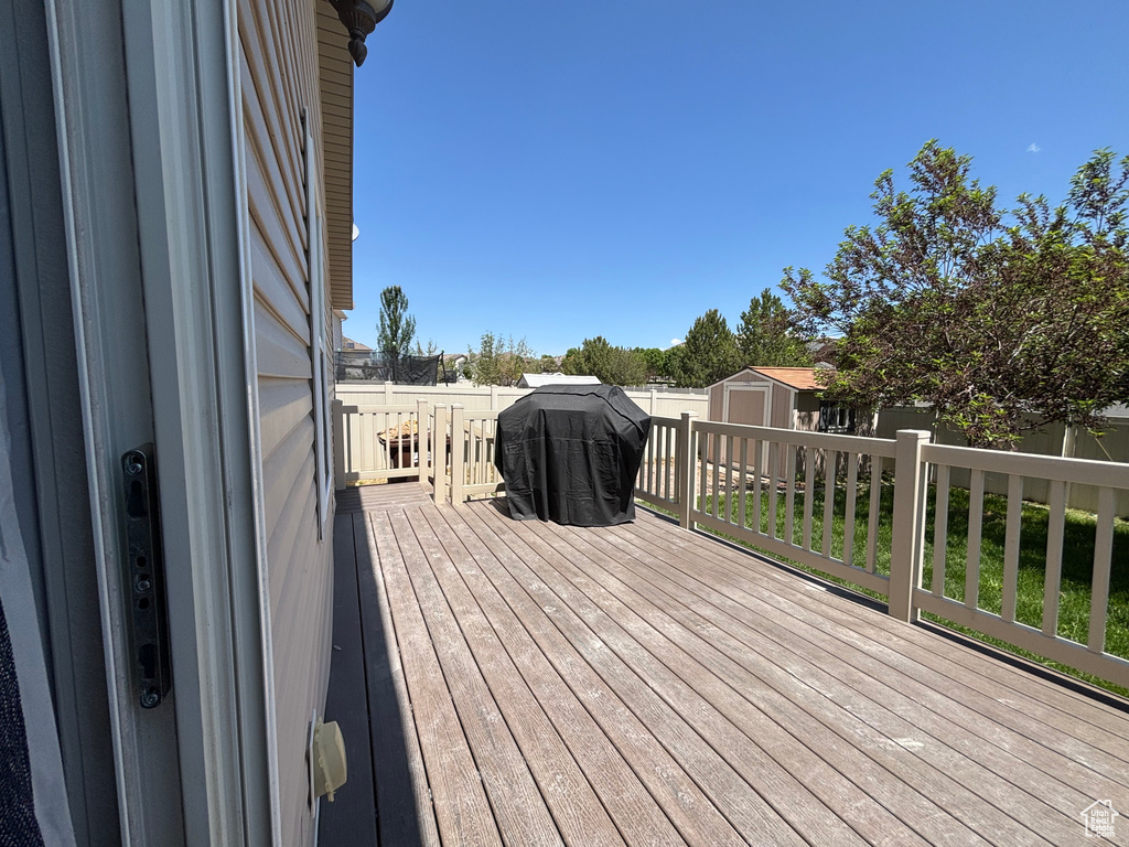 Deck featuring a fenced backyard and area for grilling
