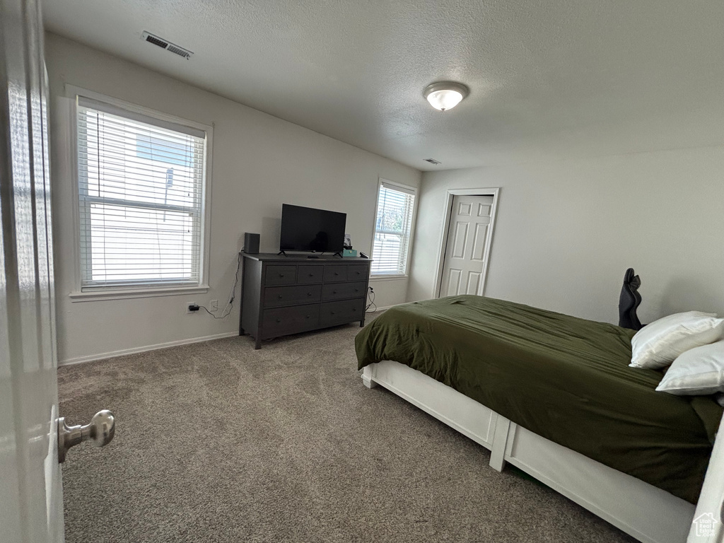 Carpeted bedroom with a textured ceiling, baseboards, and a closet