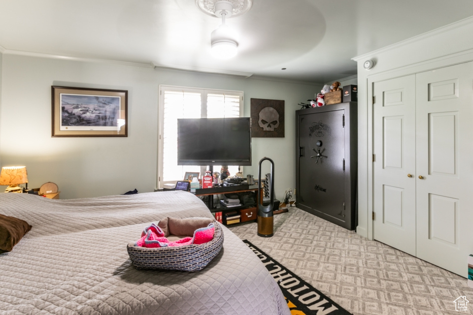 Carpeted bedroom featuring ornamental molding and a closet