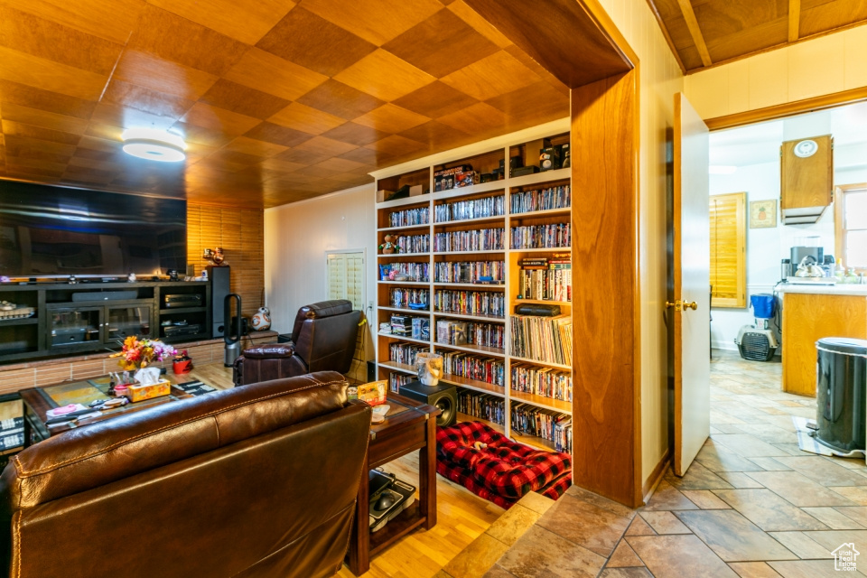 Living area with stone finish flooring