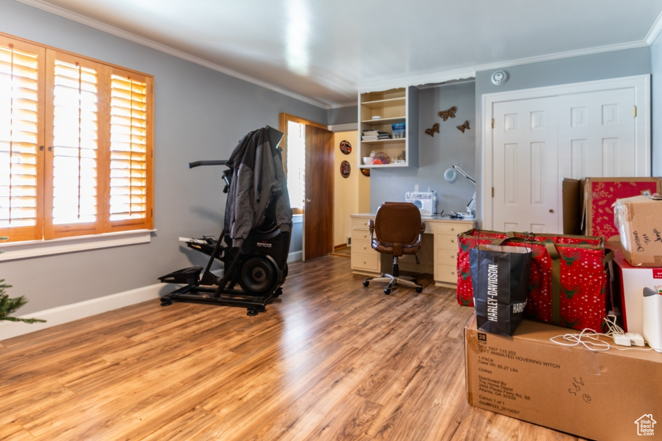 Office with plenty of natural light, ornamental molding, and light wood-style floors