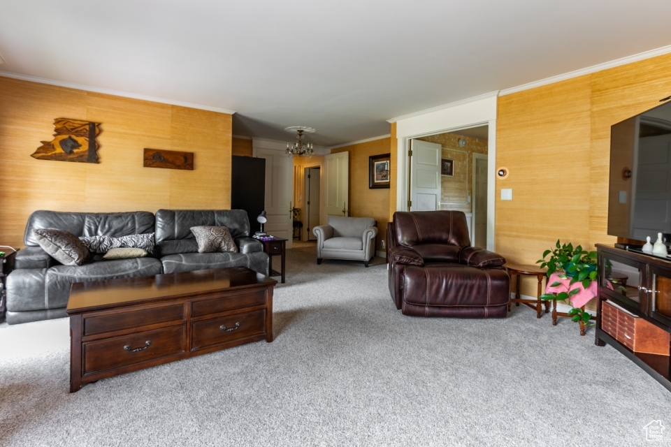 Carpeted living area featuring crown molding and a chandelier