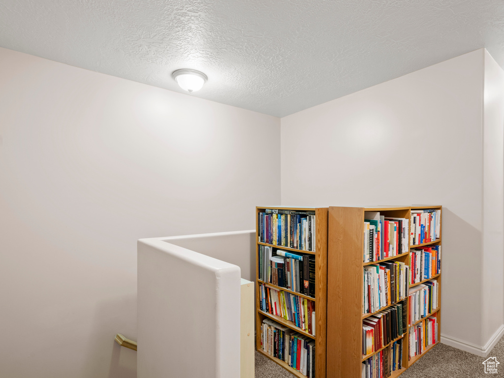 Hallway with carpet floors, a textured ceiling, and baseboards