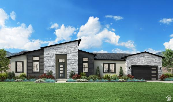 Contemporary house featuring stone siding, a front yard, and an attached garage