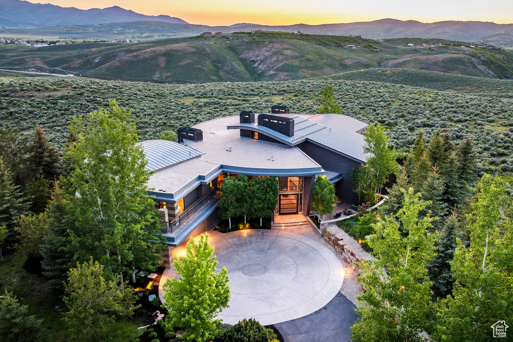 Aerial view at dusk of a mountain view
