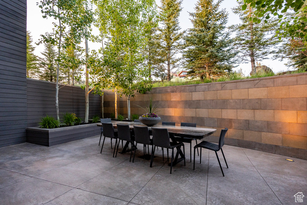 Fenced backyard featuring a patio area and outdoor dining space