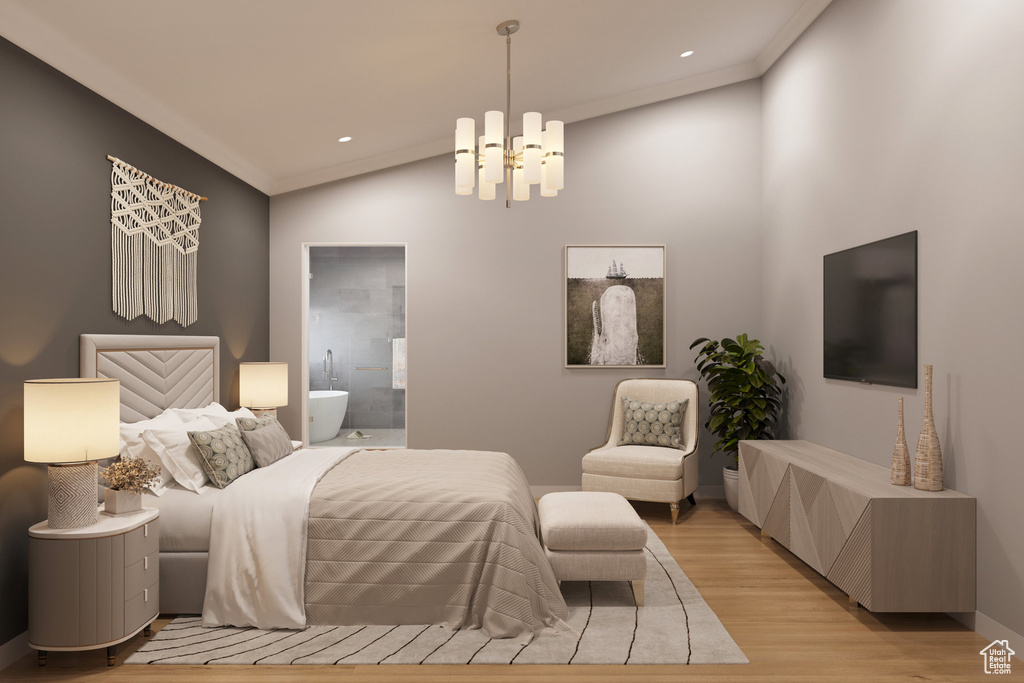 Bedroom featuring a chandelier, ornamental molding, light wood-style floors, recessed lighting, and baseboards