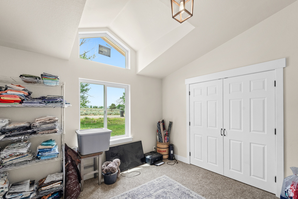 Carpeted bedroom featuring lofted ceiling and a closet