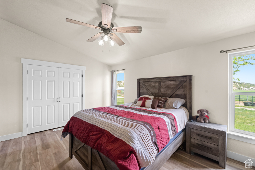 Bedroom with wood finished floors, lofted ceiling, multiple windows, and baseboards