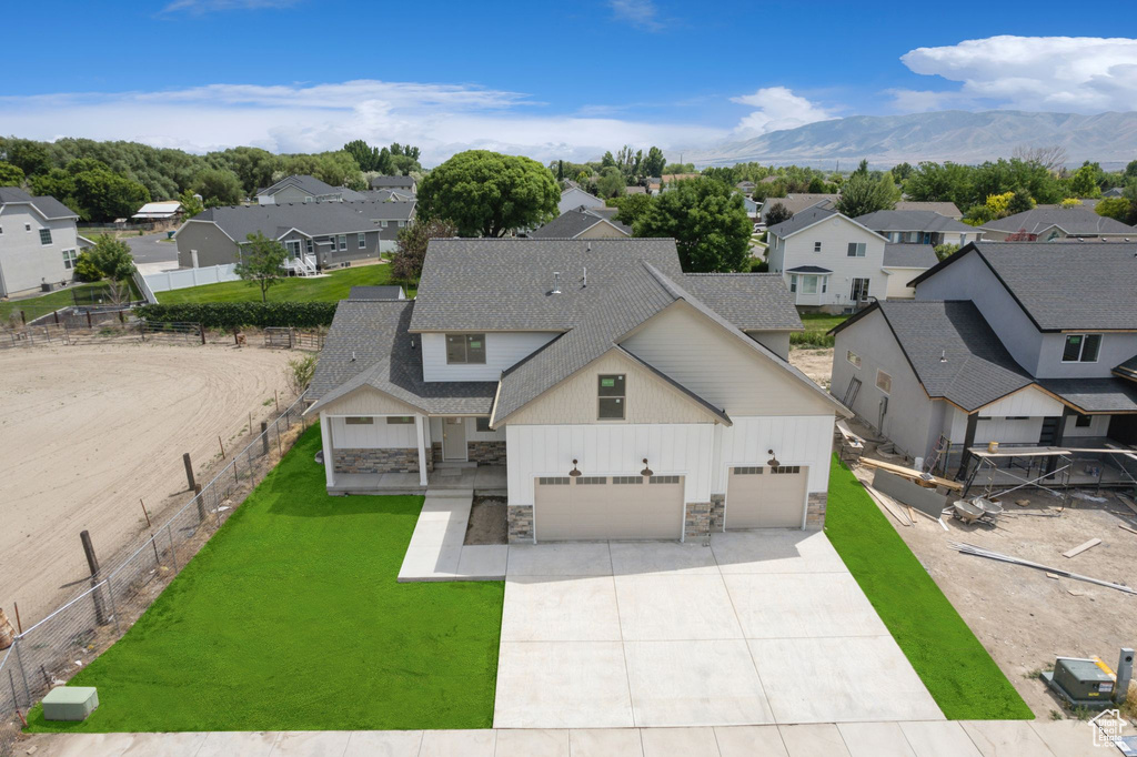 Aerial perspective of suburban area with mountains