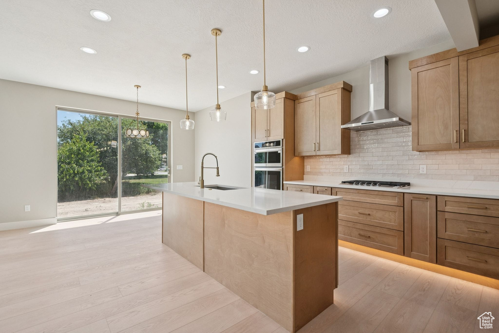 Kitchen featuring wall chimney exhaust hood, a sink, stainless steel appliances, light wood finished floors, and decorative backsplash