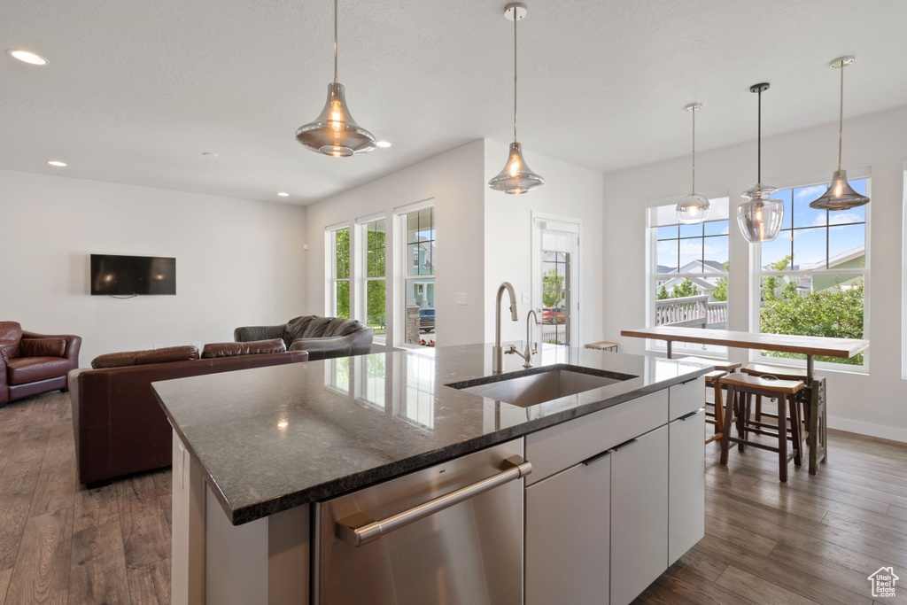 Kitchen with dishwasher, a sink, recessed lighting, a kitchen island with sink, and dark stone countertops