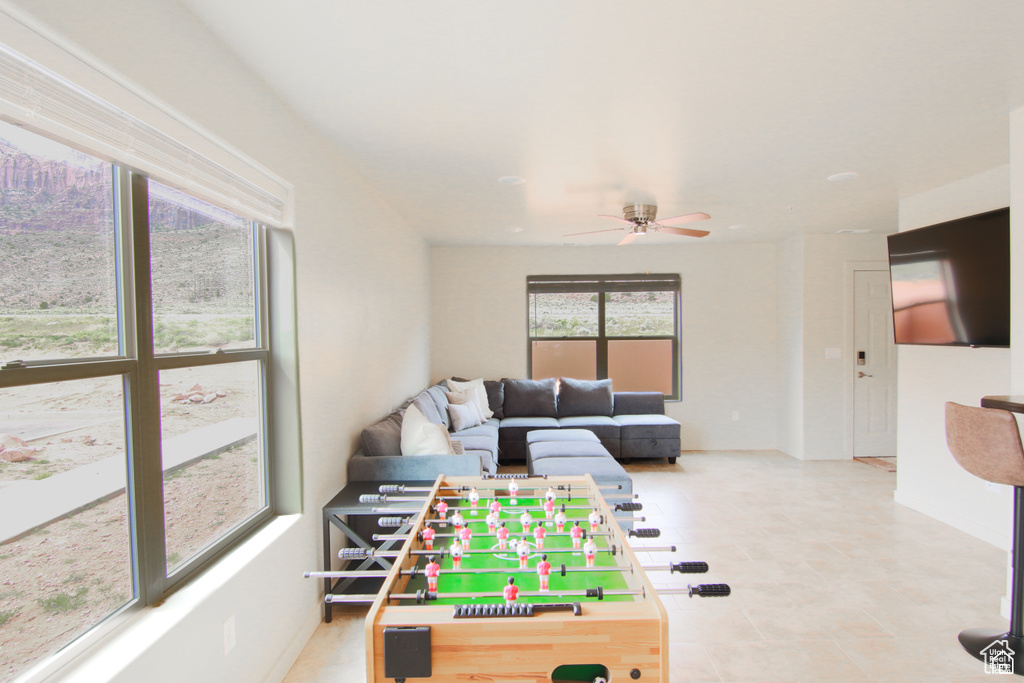 Game room featuring ceiling fan
