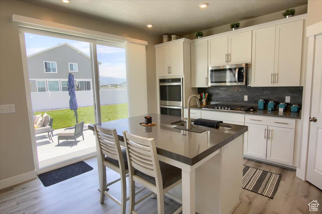 Kitchen with stainless steel appliances, a sink, tasteful backsplash, light wood-style flooring, and dark countertops