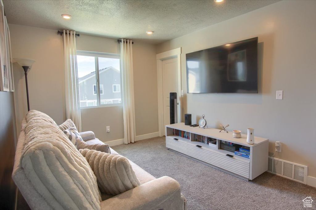 Carpeted living room with a textured ceiling, baseboards, and recessed lighting