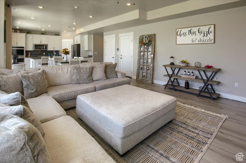 Living room featuring baseboards, wood finished floors, and recessed lighting