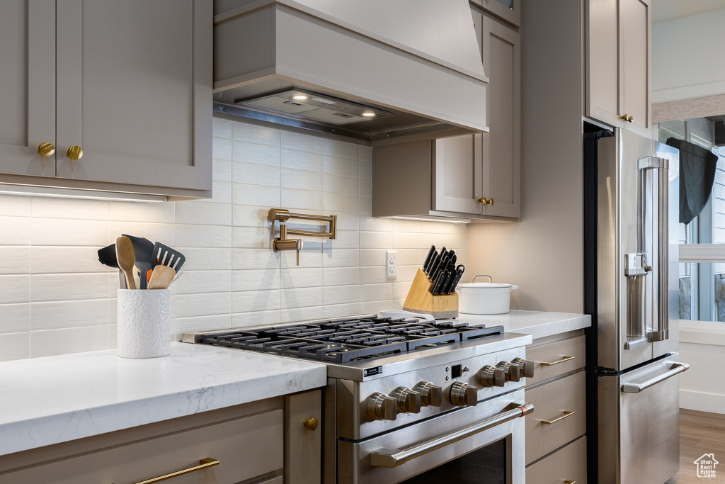 Kitchen with premium appliances, gray cabinets, custom range hood, and tasteful backsplash