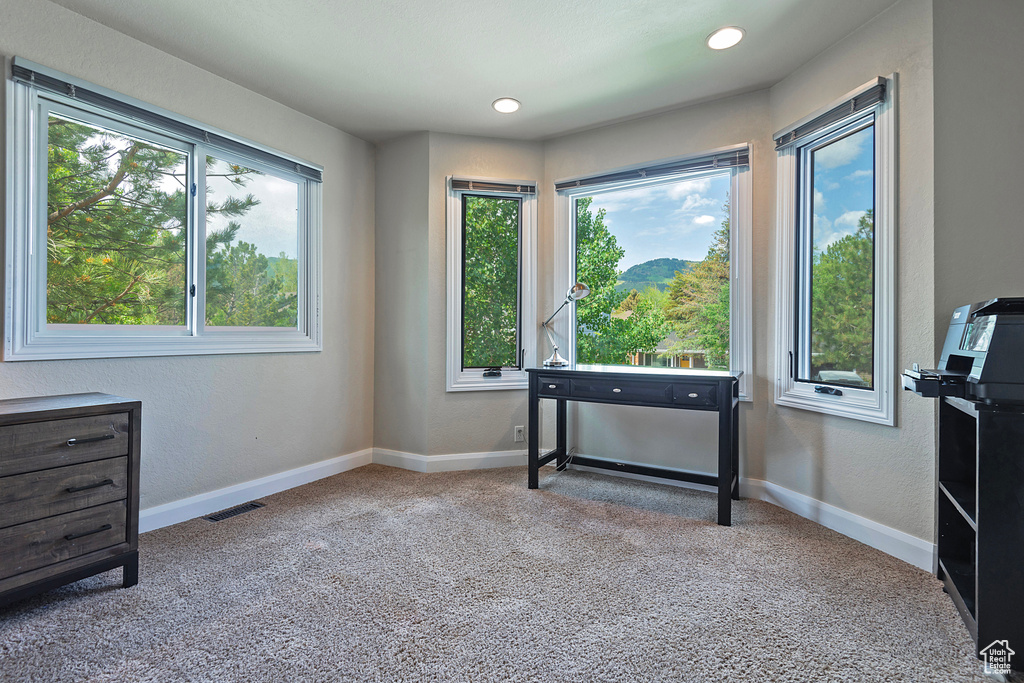 Unfurnished office with carpet flooring, baseboards, and recessed lighting