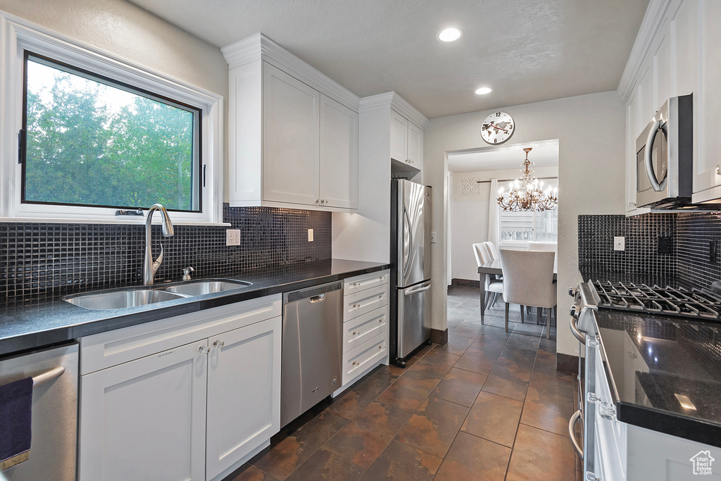 Kitchen with stainless steel appliances, a sink, white cabinetry, healthy amount of natural light, and recessed lighting