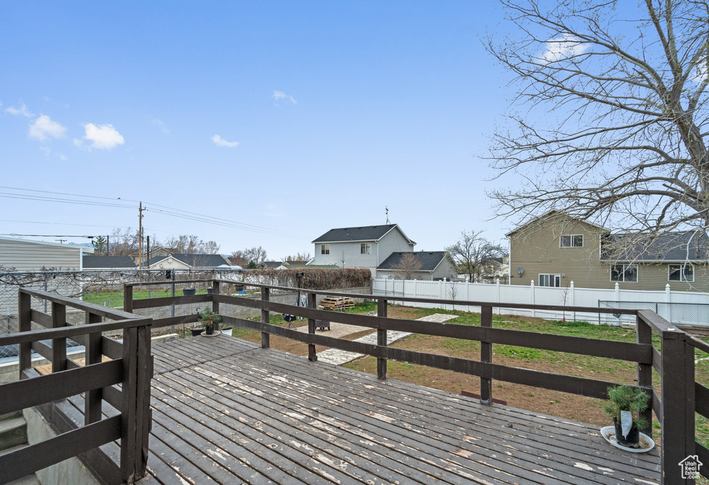 Deck featuring a fenced backyard and a residential view