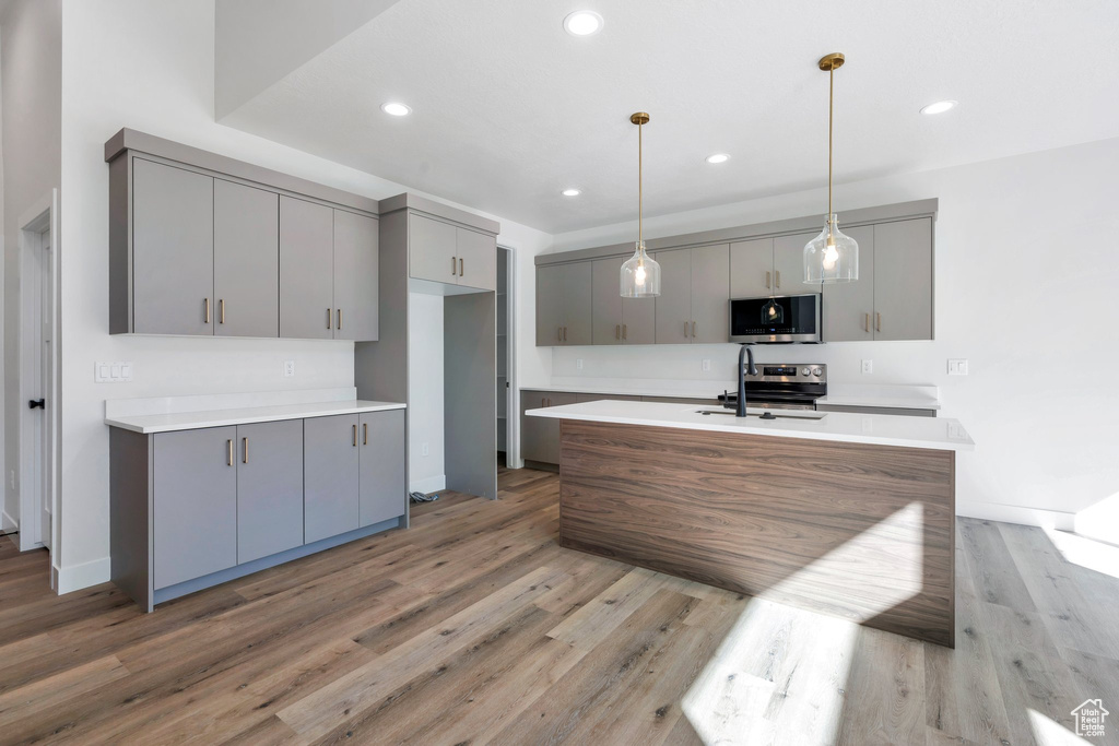 Kitchen with appliances with stainless steel finishes, gray cabinets, light wood finished floors, recessed lighting, and light countertops