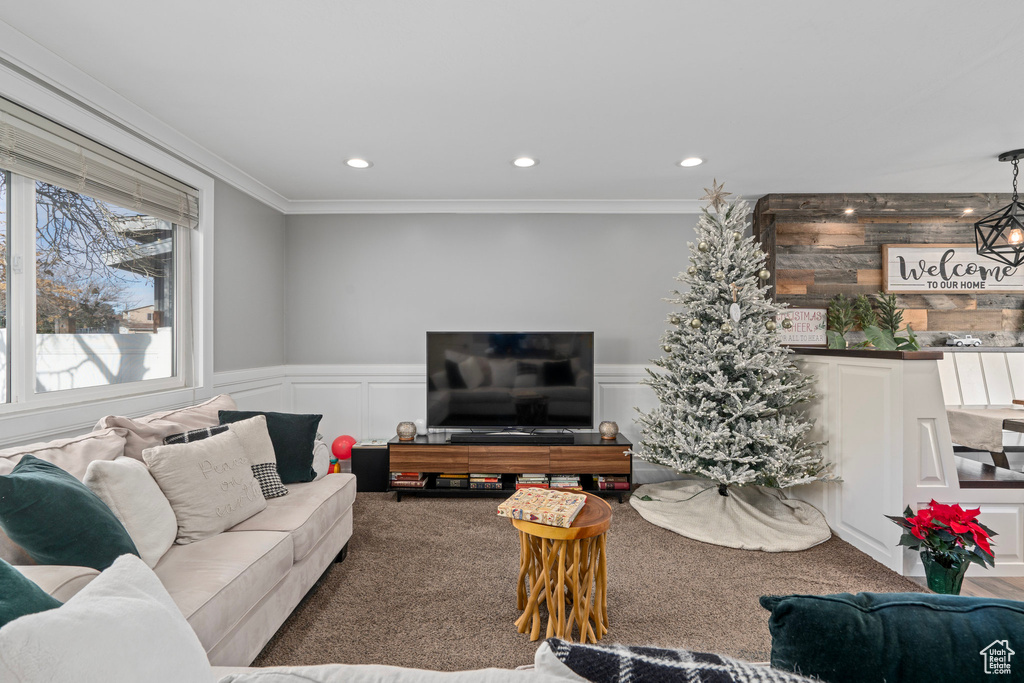 Carpeted living area featuring ornamental molding, a decorative wall, wainscoting, and recessed lighting