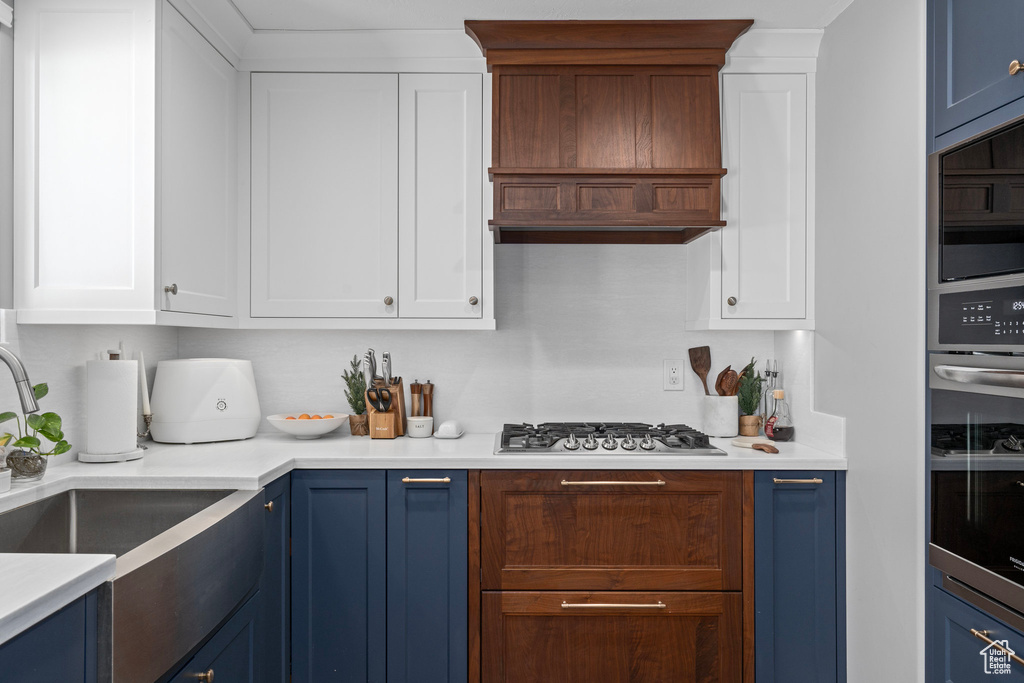 Kitchen featuring blue cabinets, custom exhaust hood, appliances with stainless steel finishes, and a sink