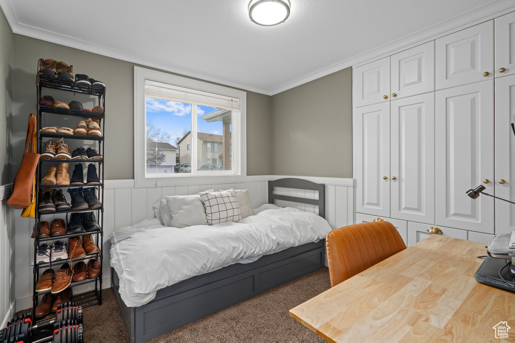 Bedroom with carpet, ornamental molding, a closet, and a wainscoted wall