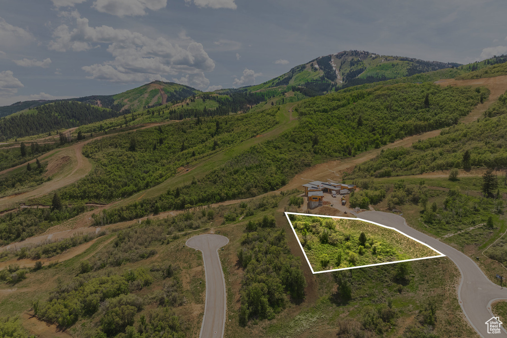 Aerial view of property and surrounding area with mountains and property boundaries highlighted