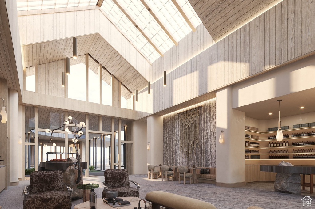 Building lobby with a towering ceiling